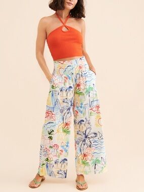 Corey Lynn Calter Smocked Waist Tropical Print Wide Leg Linen Pants M